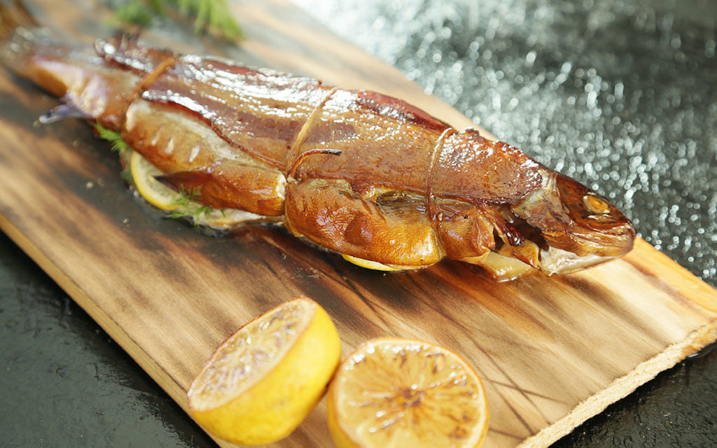 Smoked Planked Trout with Caper Dill Sauce