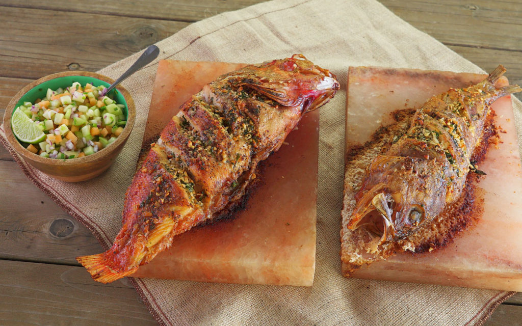 Salt Slab-Grilled Rockfish with Melon Mint Relish