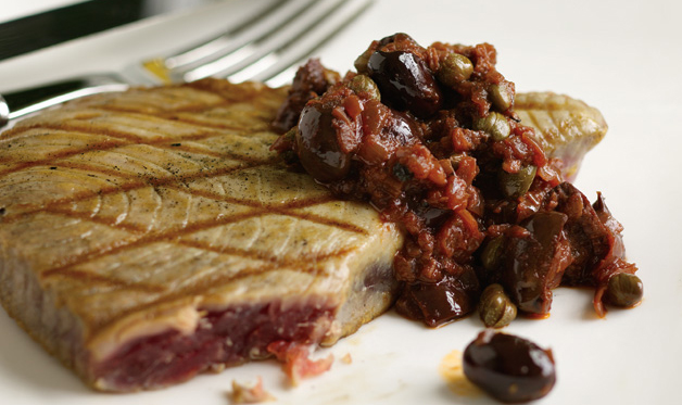 Grilled Tuna with Red Wine, Caper, and Olive Sauce