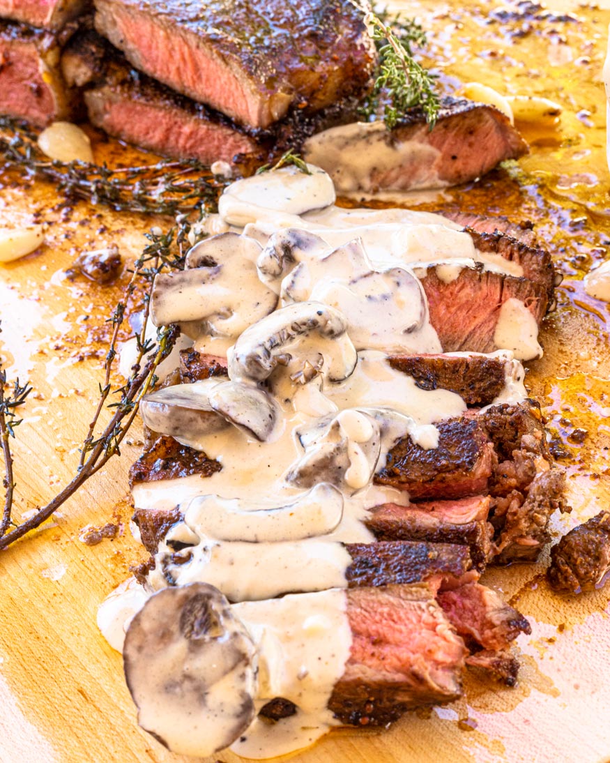 NY Strip Steaks with Gorgonzola Mushroom Cream Sauce looks amazing 