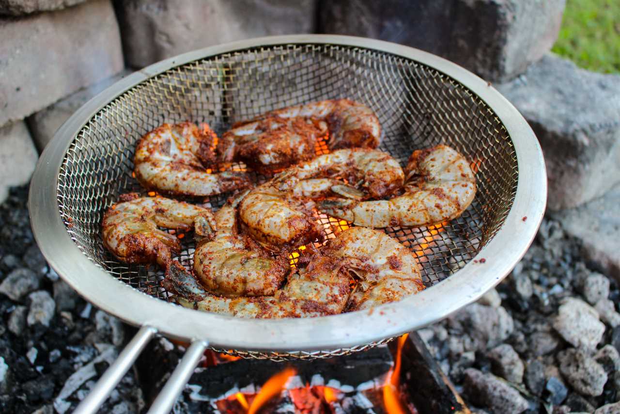 Nashville Hot Grilled Shrimp over the coals.