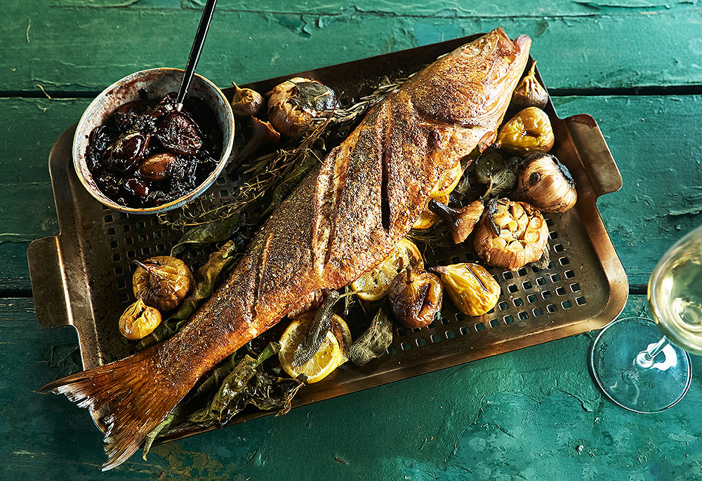 Grilled Rockfish with Shallot, Fig and Pomegranate Sauce