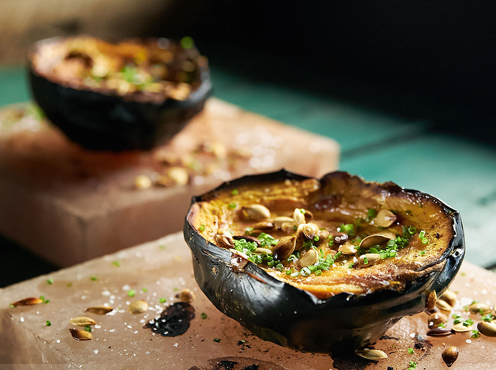 Smoked Acorn Squash with Parmesan Flan