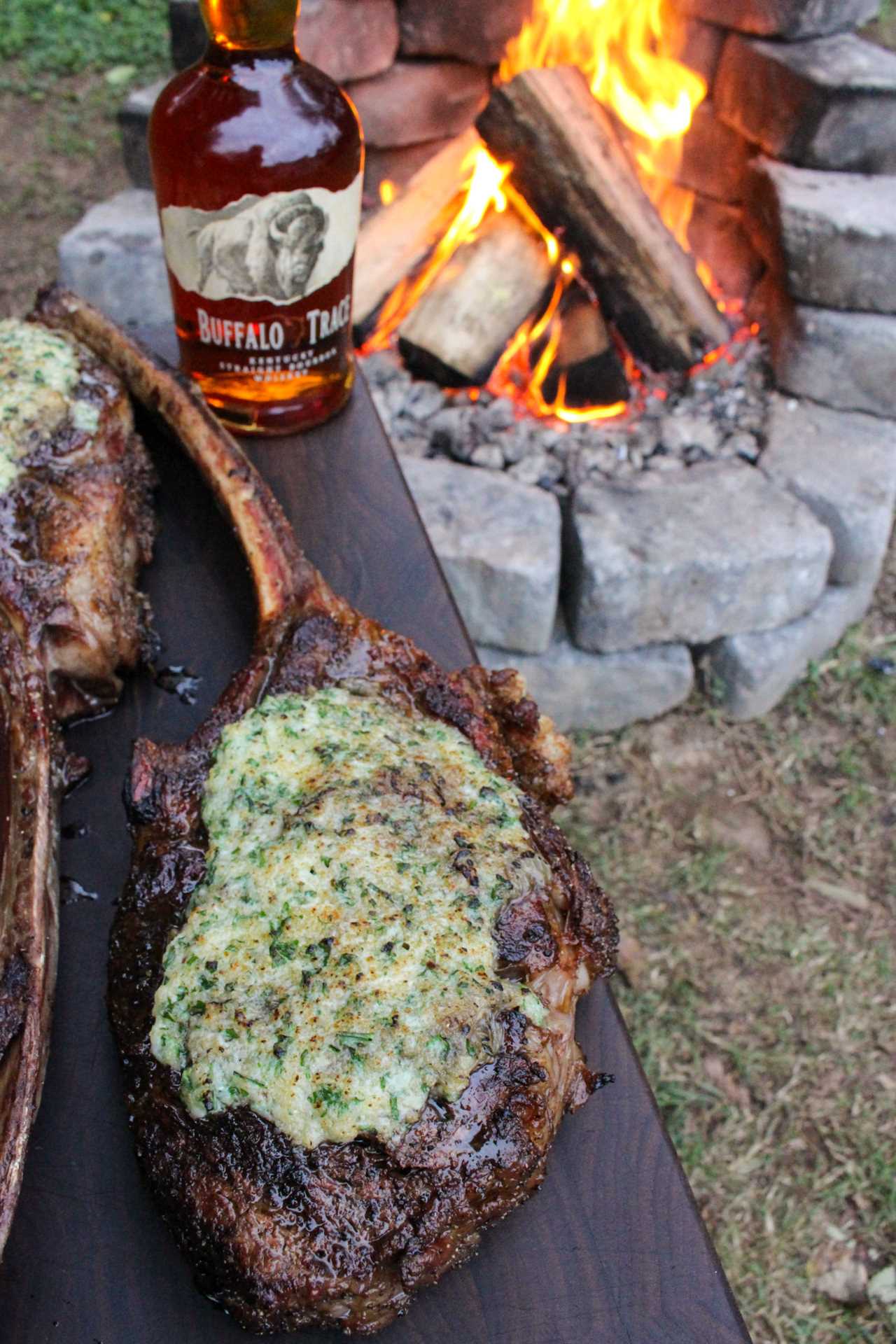 Tomahawk Steaks with French Onion Crust with Buffalo Trace.