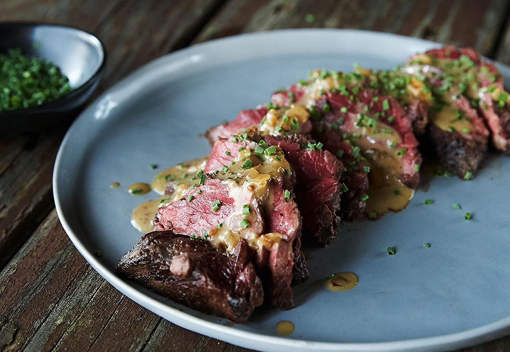 Hanger Steak with Mustard and Caramelized Onions