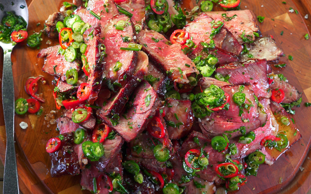 Cherry-Smoked Strip Steak with Cutting Board Sauce