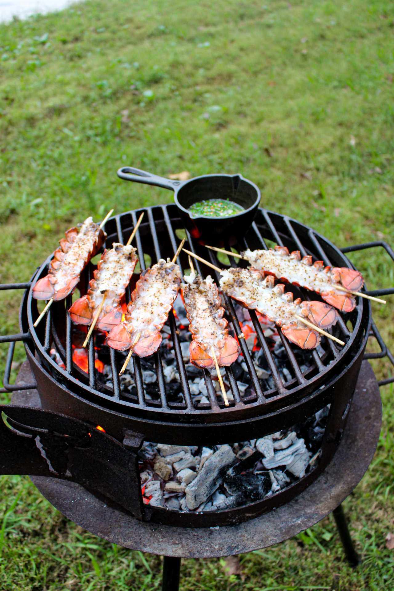 Lobster Skewers with Bang Bang Sauce after the first flip. 