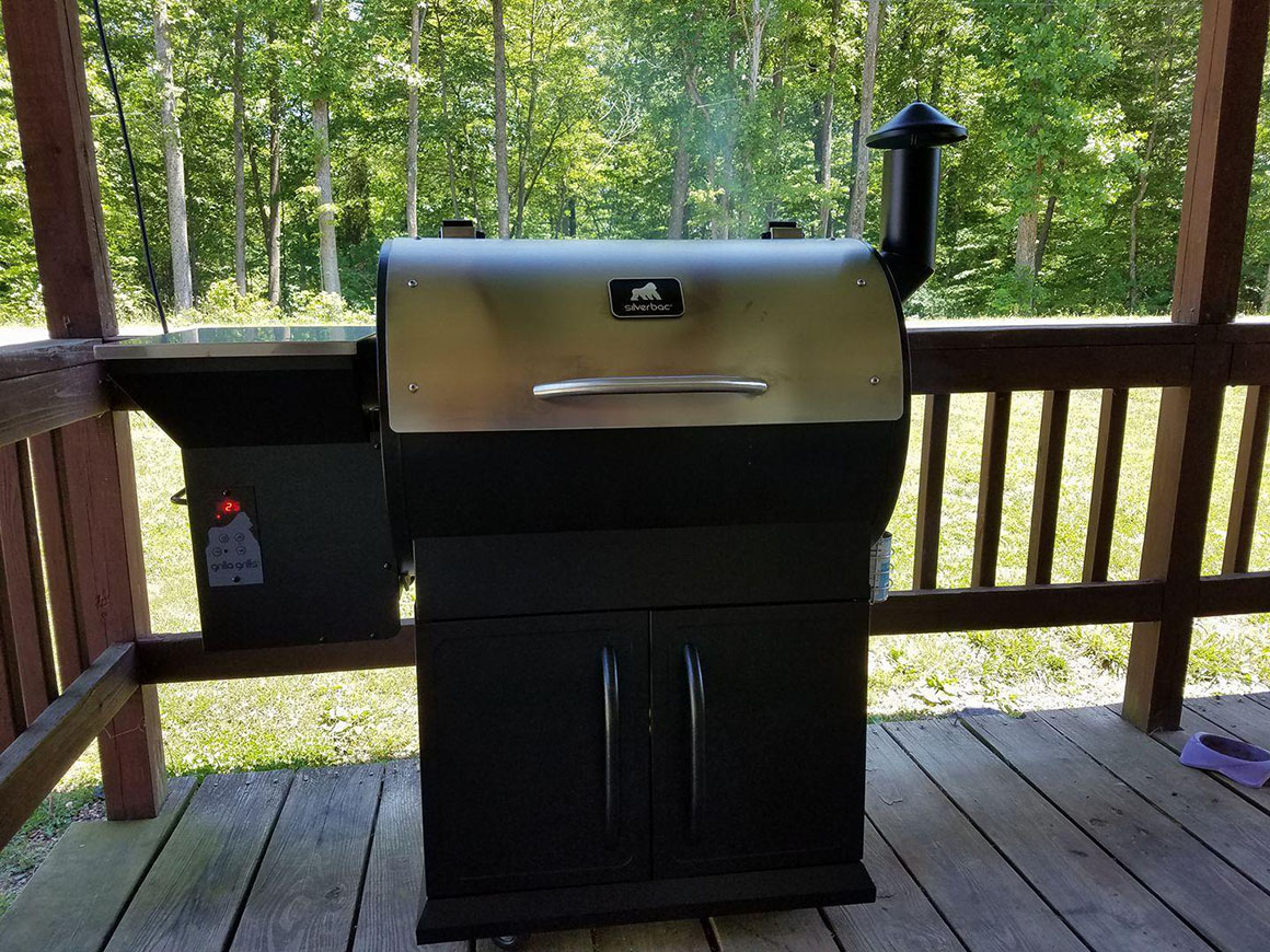 a grilla silverbac grill on a wood deck