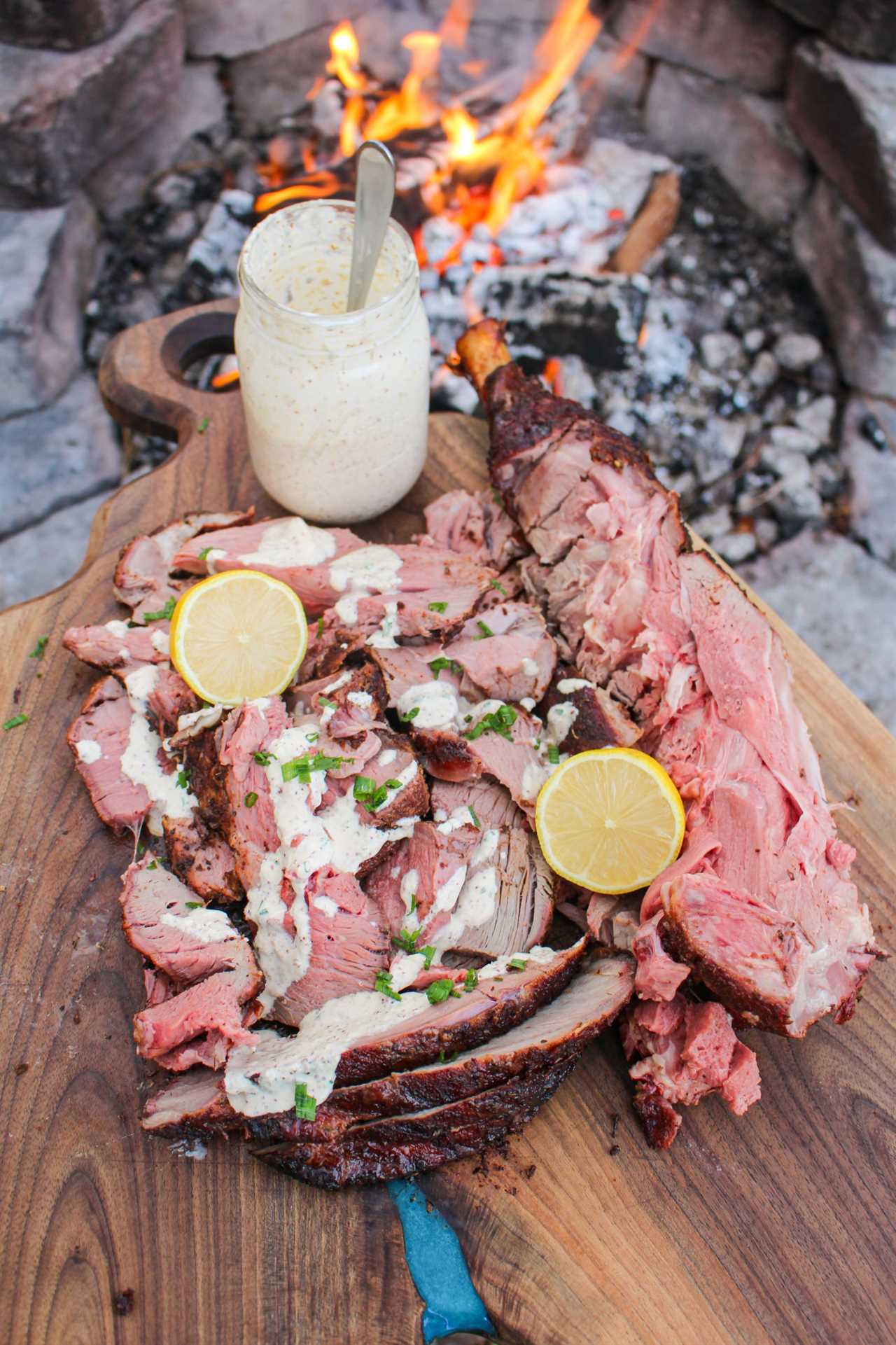 Smoked Leg of Lamb with the creamy dijon sauce.