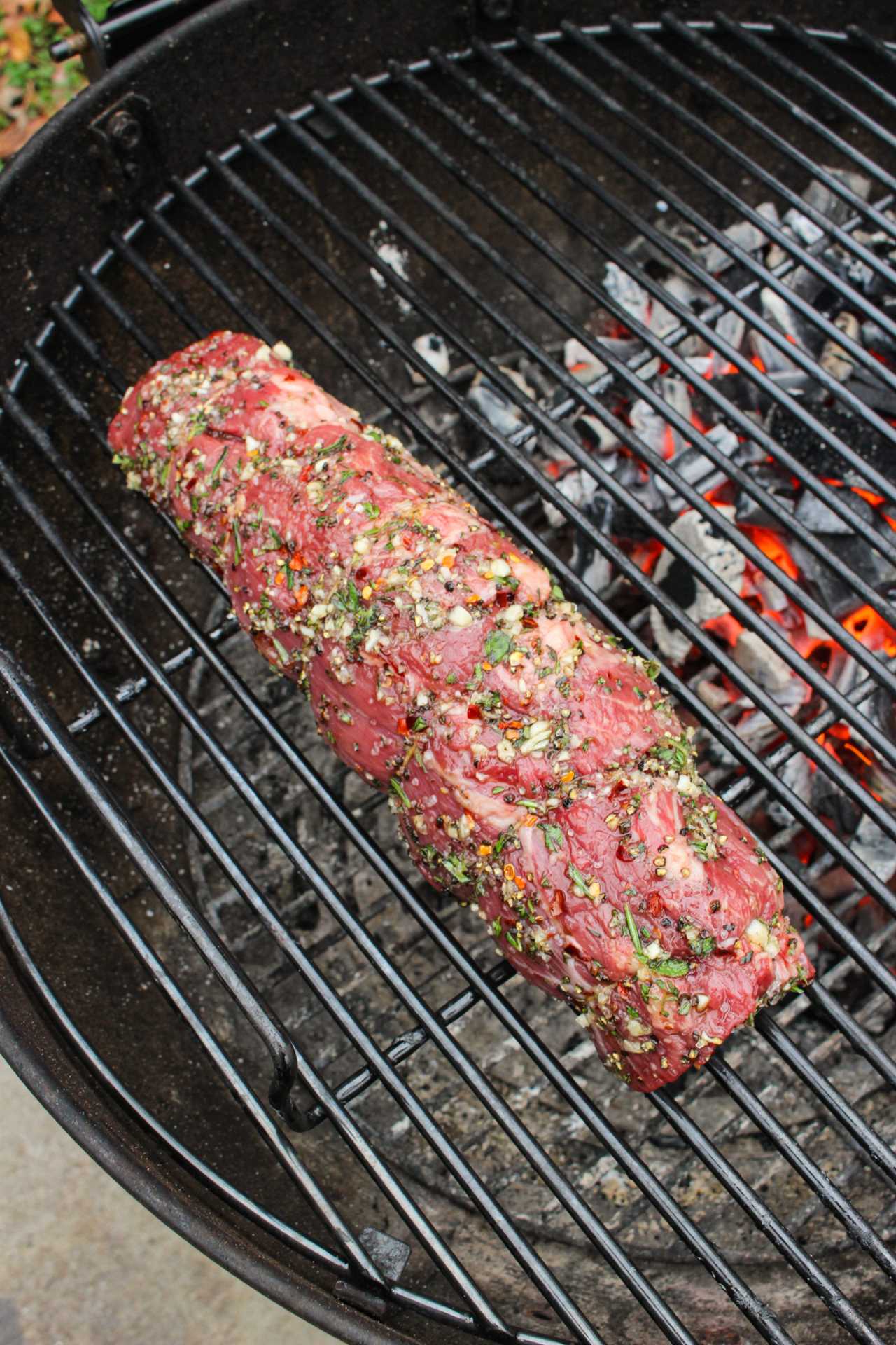 Herb Crusted Bison Tenderloin getting set on the grill. 