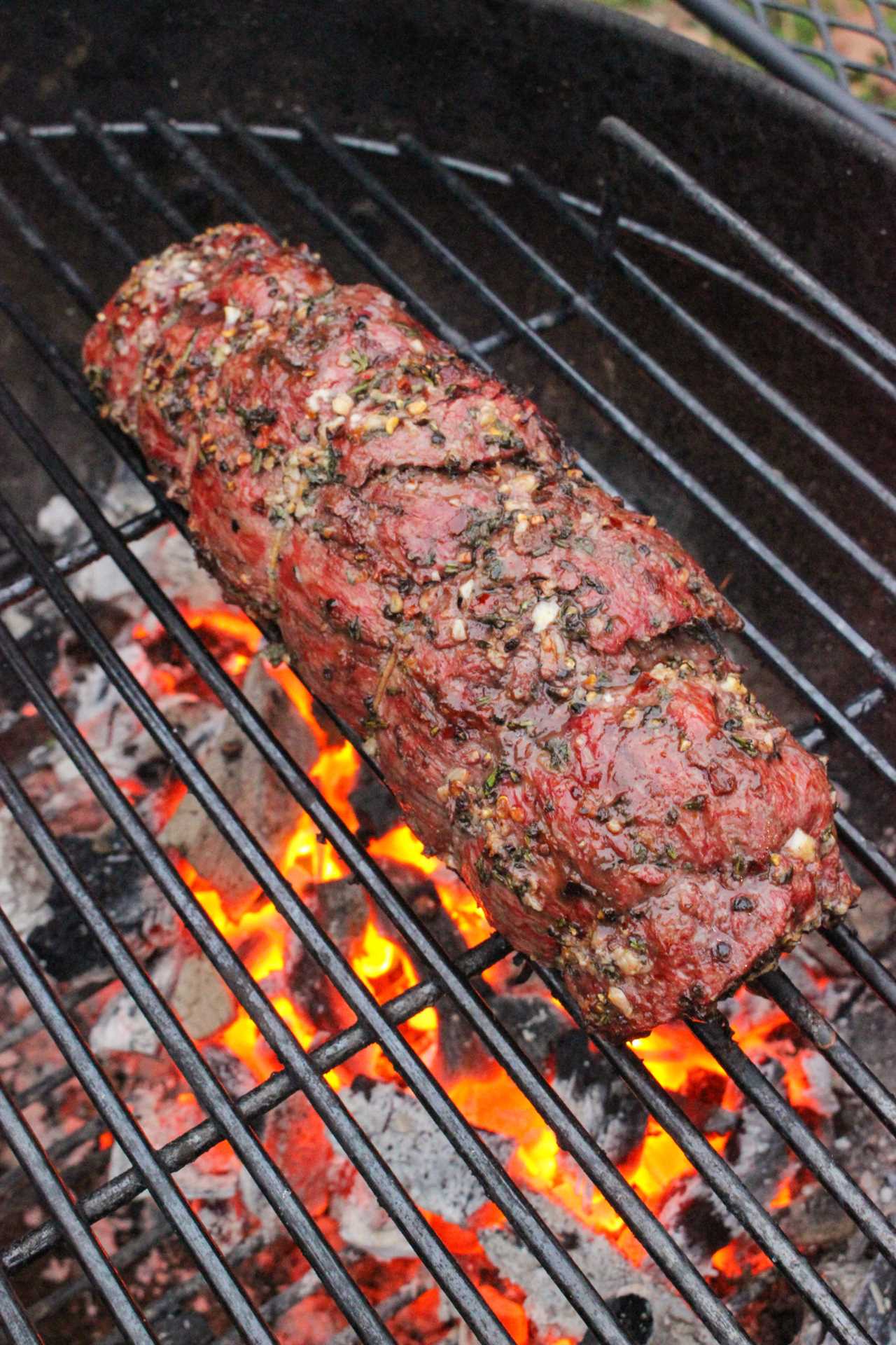 Herb Crusted Bison Tenderloin is smoked so now we're searing it. 