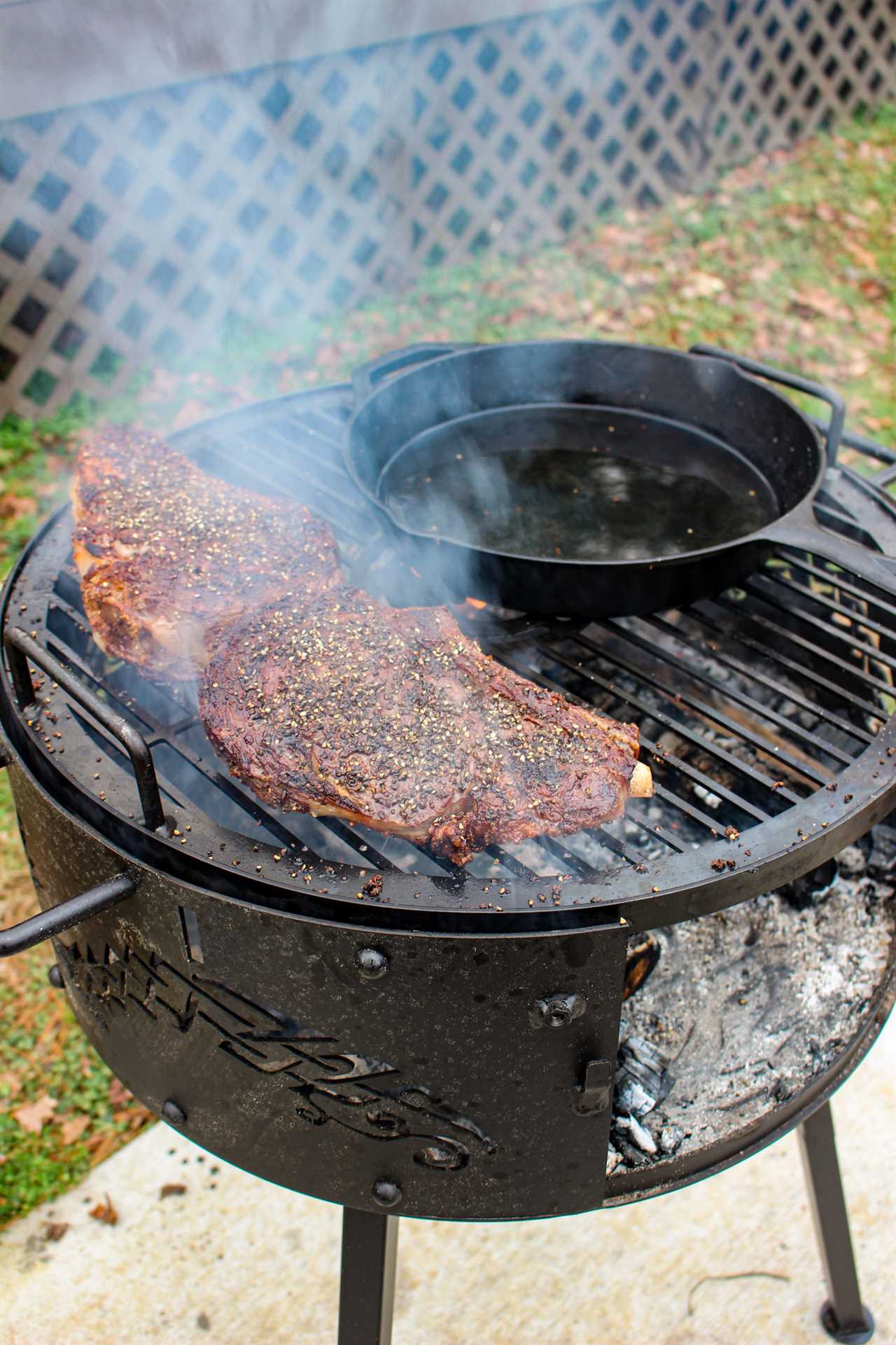 Placing the Duck Fat on the grill to heat up.