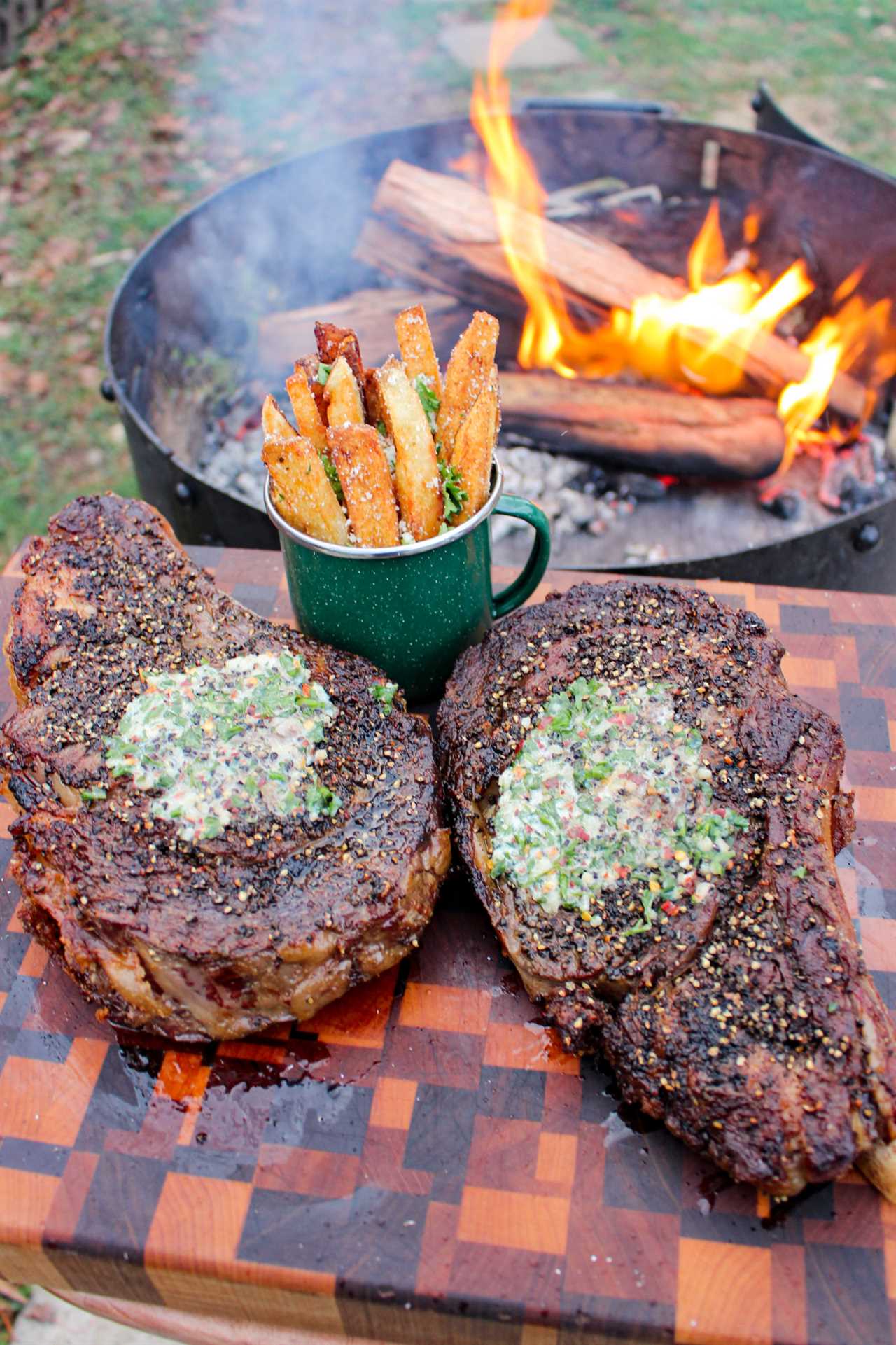 Peppercorn Crusted Steaks with Duck Fat Fries