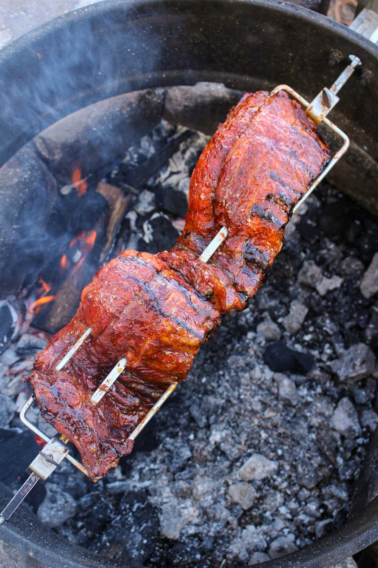 Maple Gochujang Rotisserie Ribs cooked but not yet glazed.