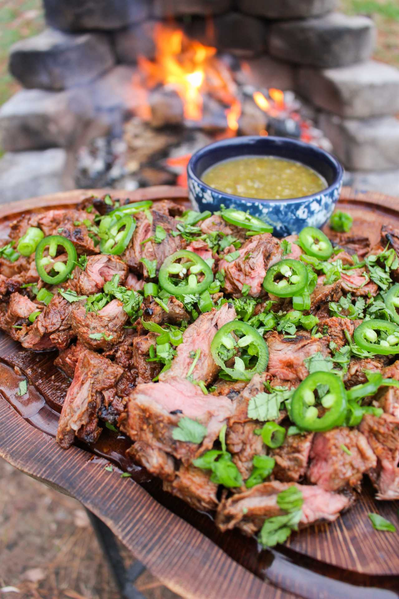 Braided Skirt Steaks sliced, garnished and ready to eat!