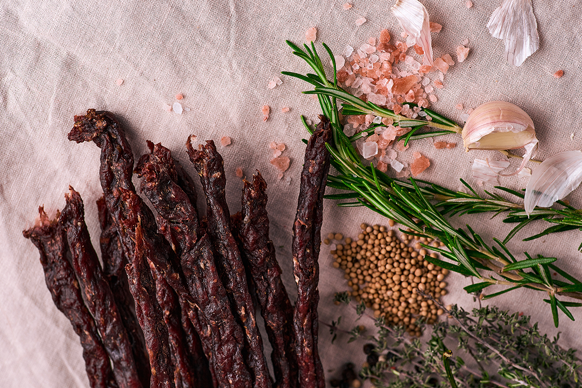 Dried Beef Jerky On a Tablecloth