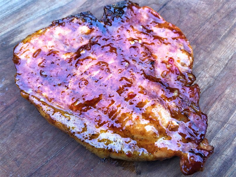 Smoked pork chop with a sweet chili glaze