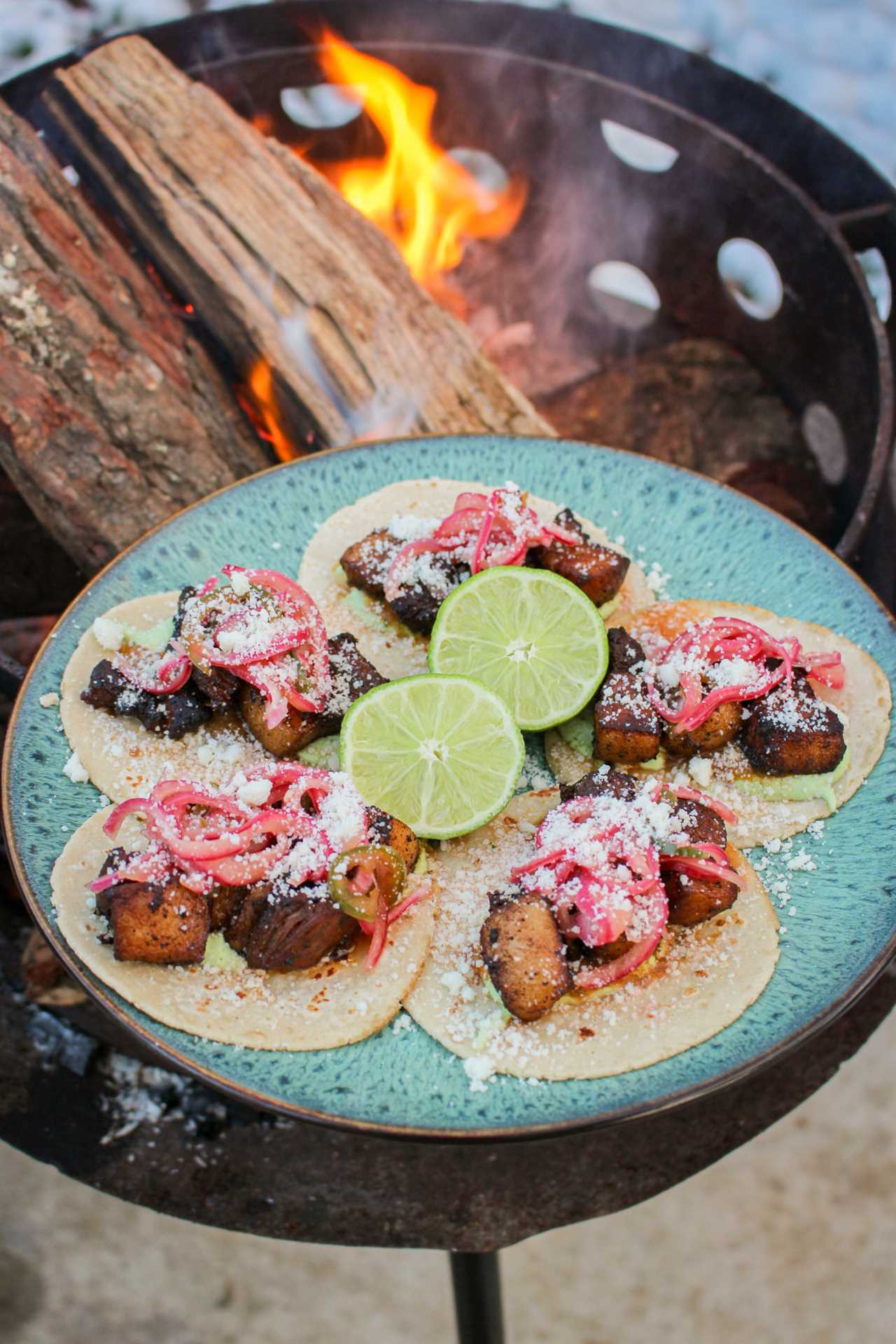 Fried Pork Belly Tacos assembled and ready to eat. 