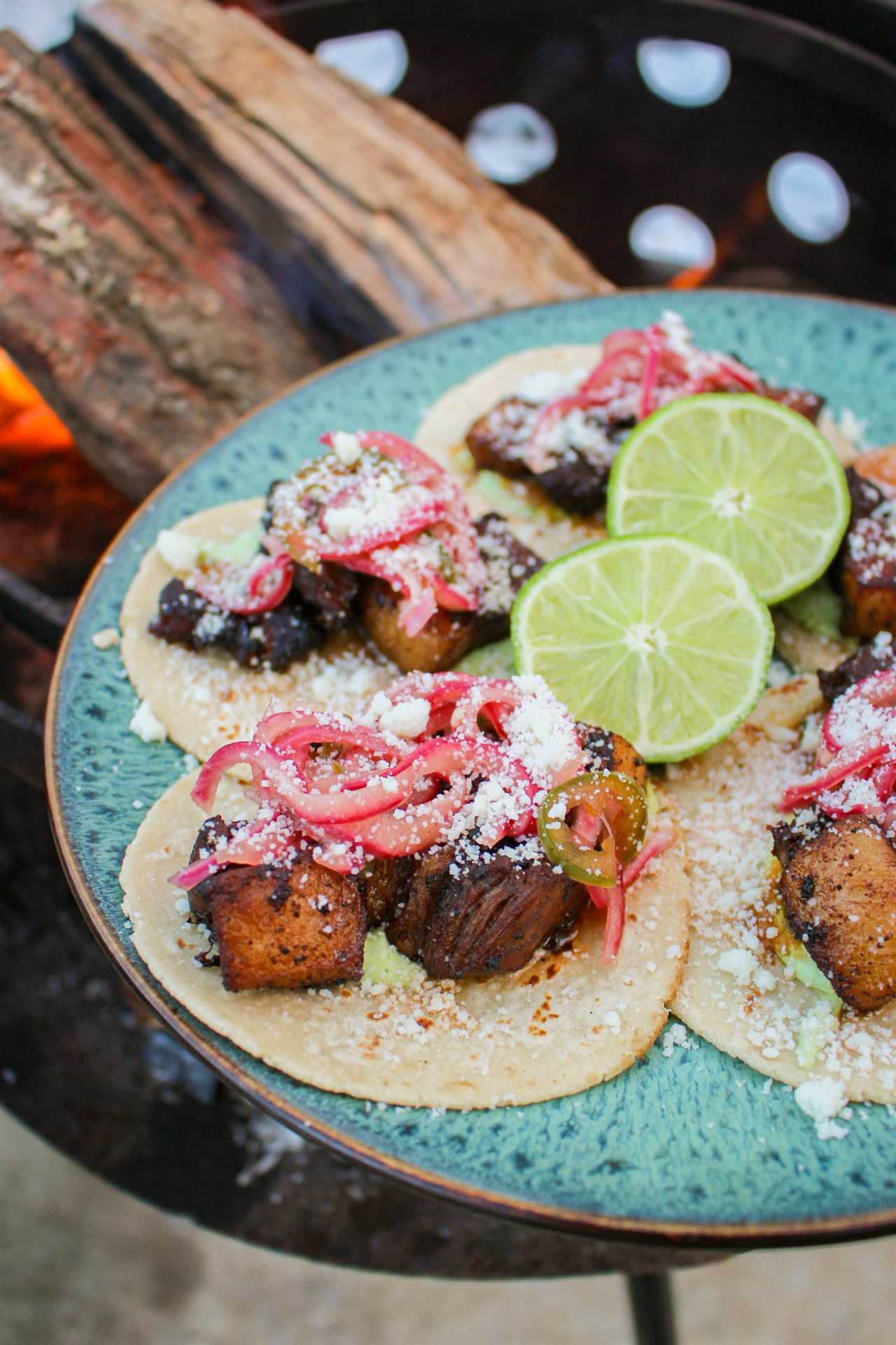 A close up shot of Fried Pork Belly Tacos.