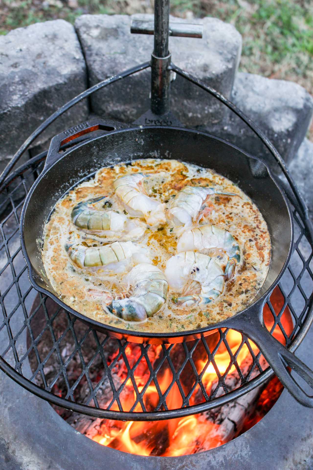 The shrimp now tossed in the skillet and cooking. 