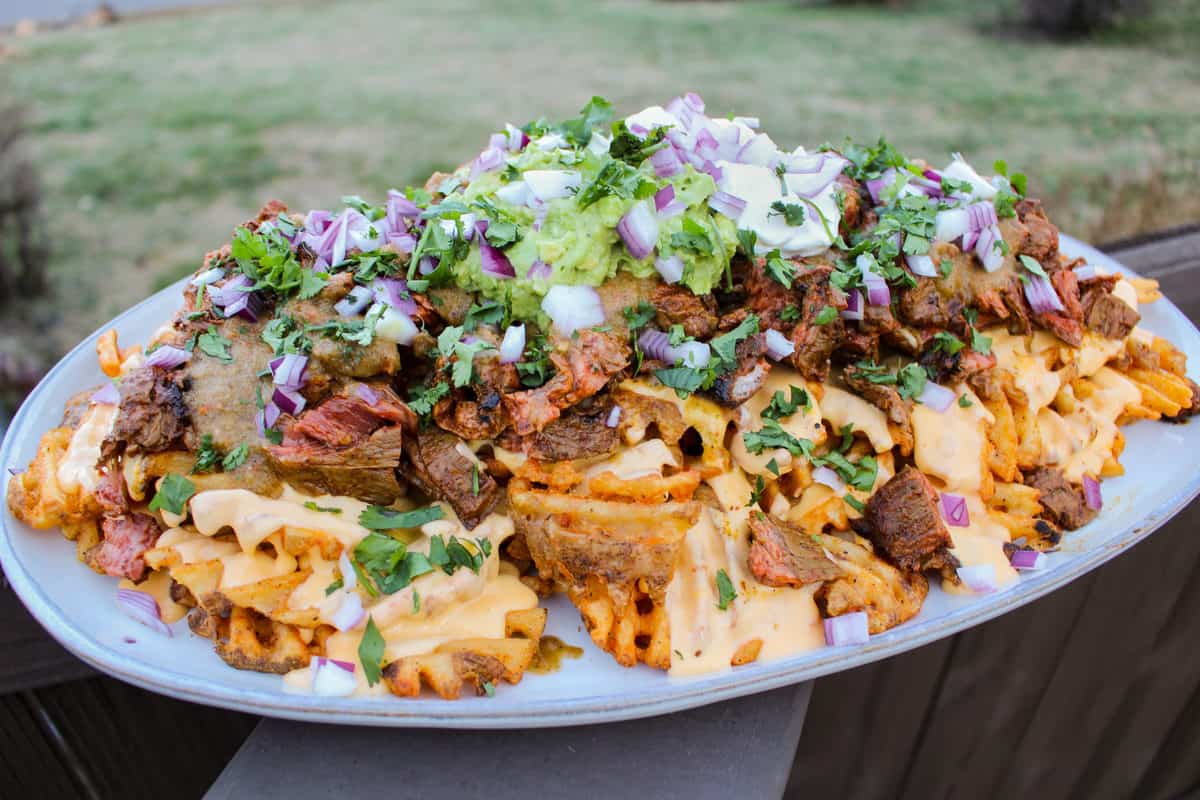 Loaded Steak Fries plated and served.