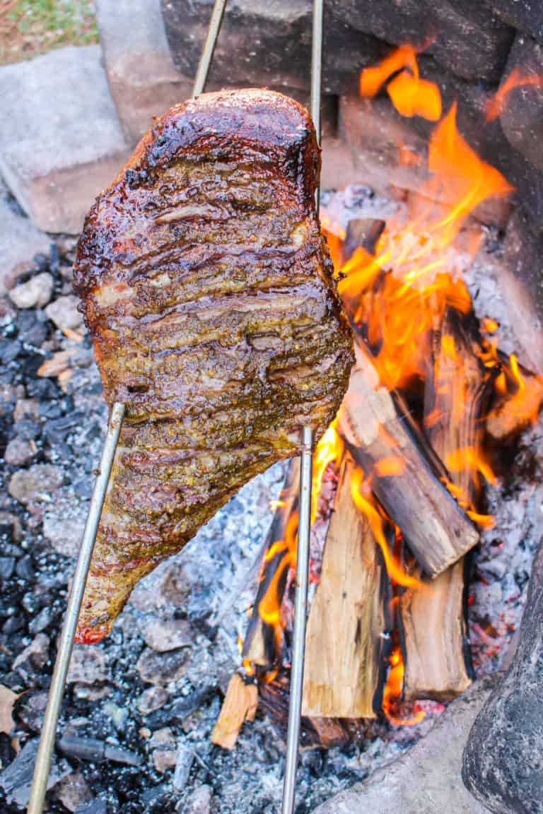 A close up shot of Rotisserie Leg of Lamb.