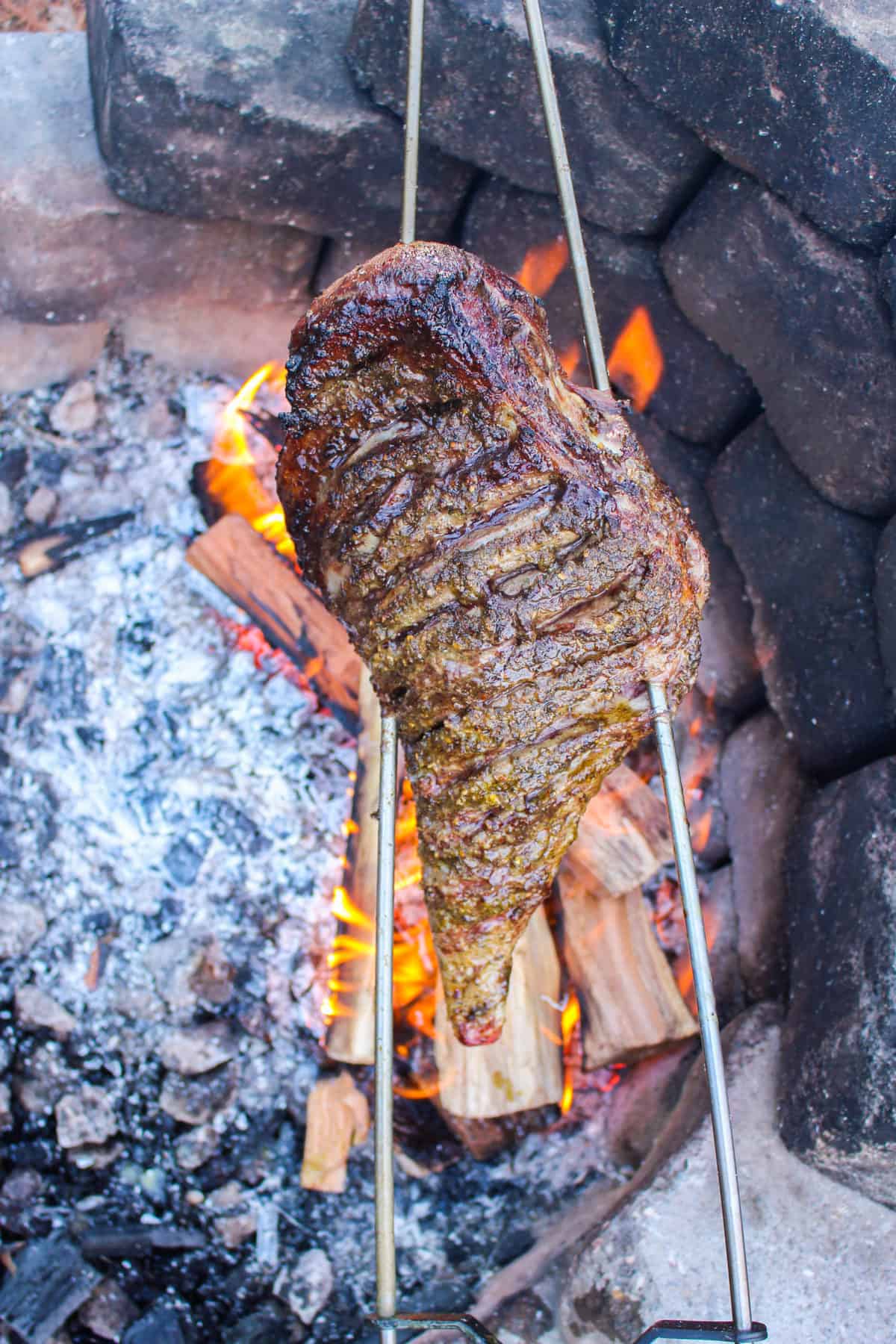 The leg of lamb about halfway through cooking. 