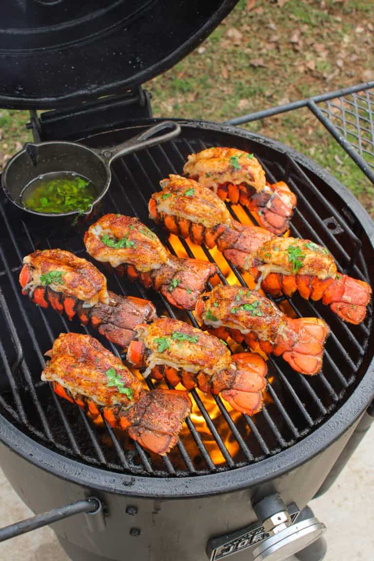 Honey Cajun Smoked Lobster Tails before being pulled from the smoker.