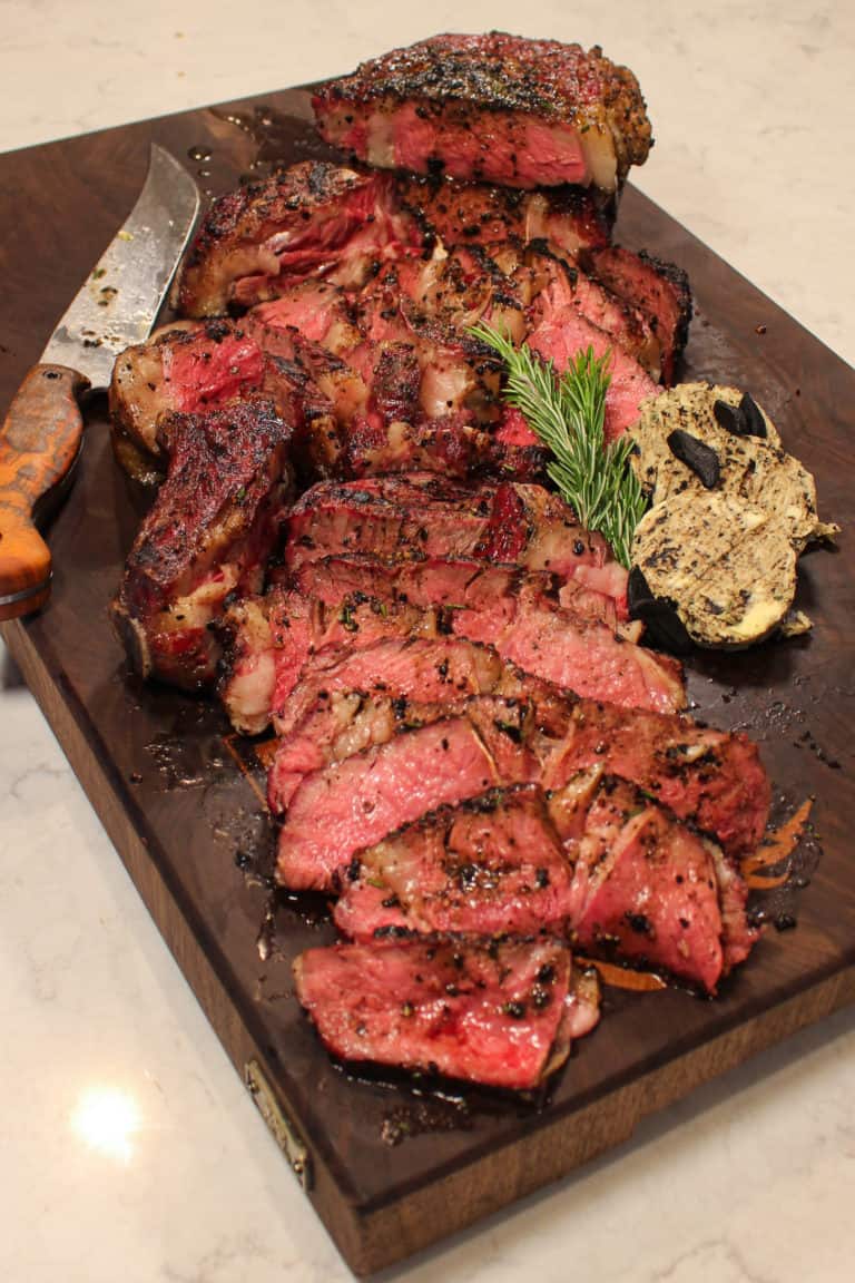 Close up of Reverse Seared Ribeyes.