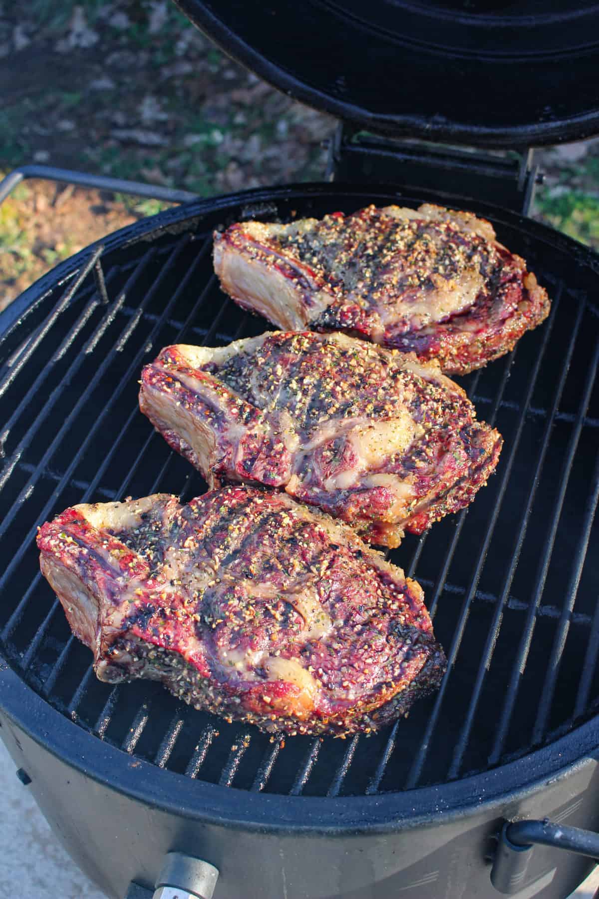 Reverse Seared Ribeyes coming off the smoker.