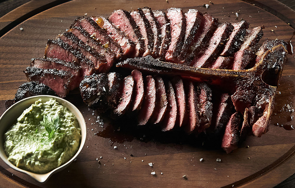 Reverse-Seared Porterhouse Steaks with Poblano Crema