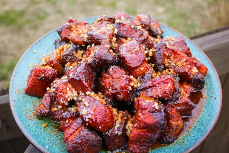 Honey Garlic Pork Belly Burnt Ends are served.