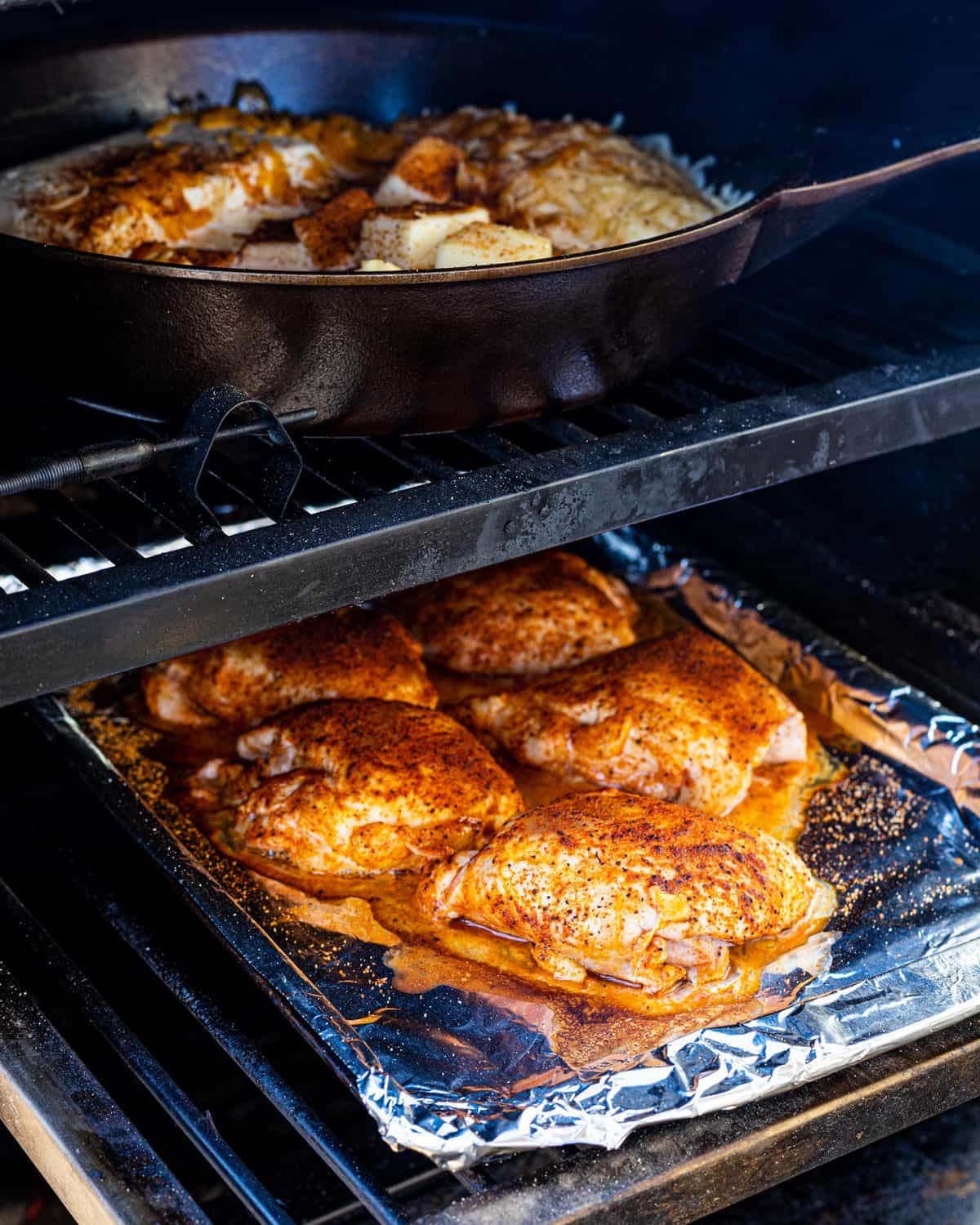 Smoked Nashville Hot Chicken Queso coming together at the same time in the smoker.