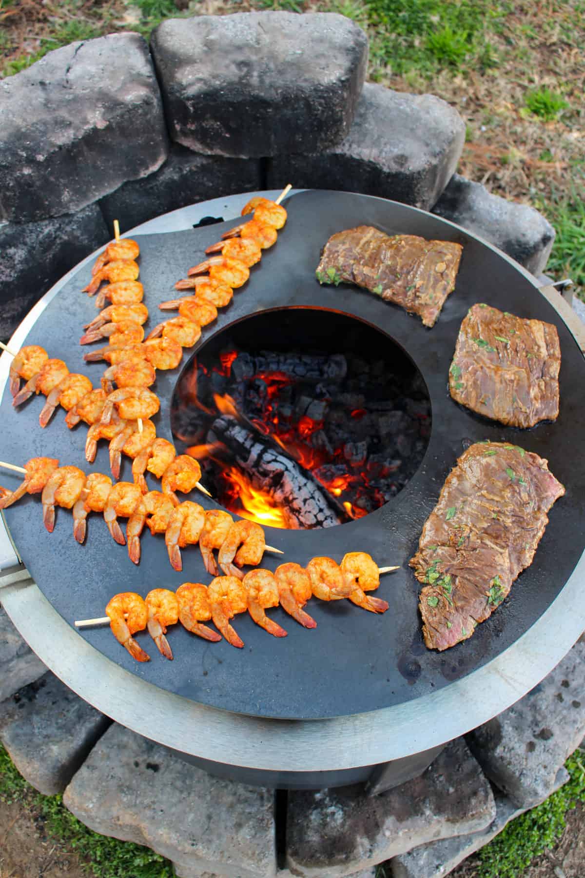 Steak and shrimp getting started on the Breeo.