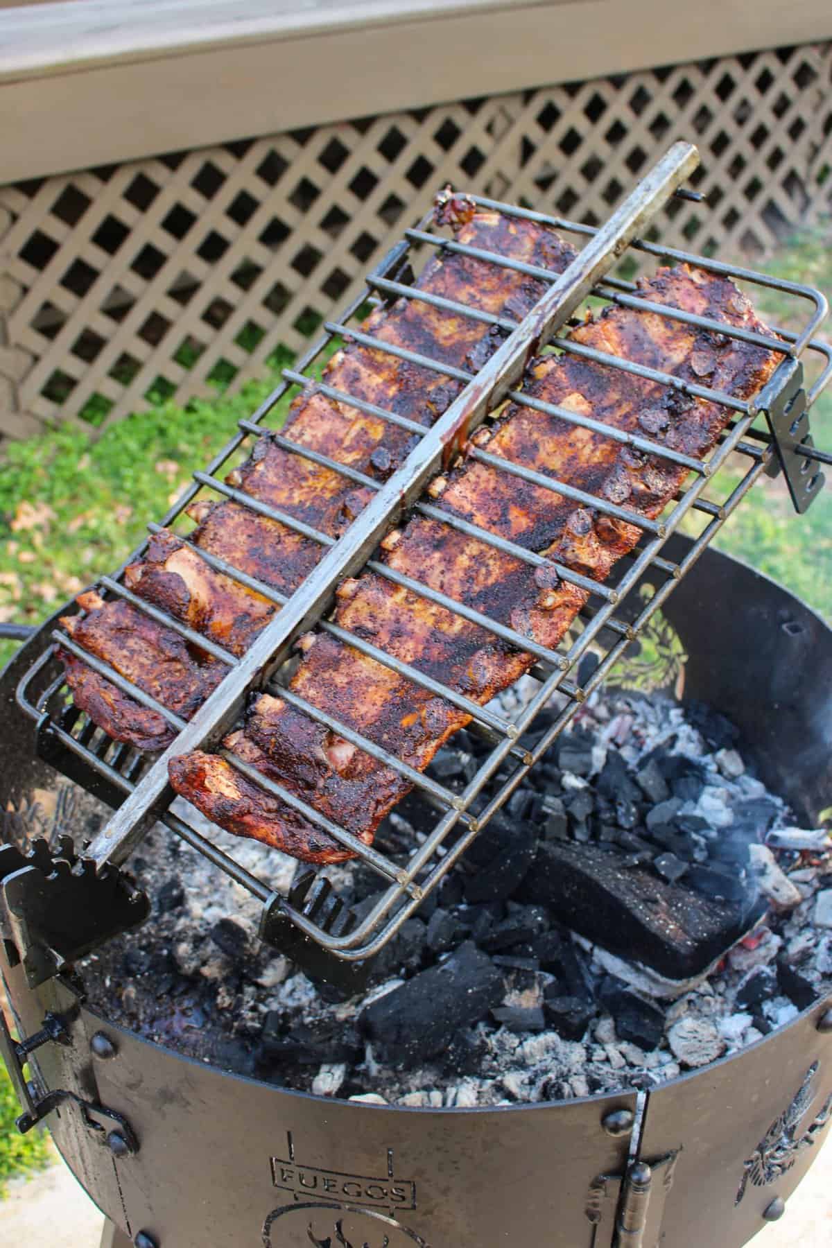 Ribs after they've been flipped in the grilling basket.