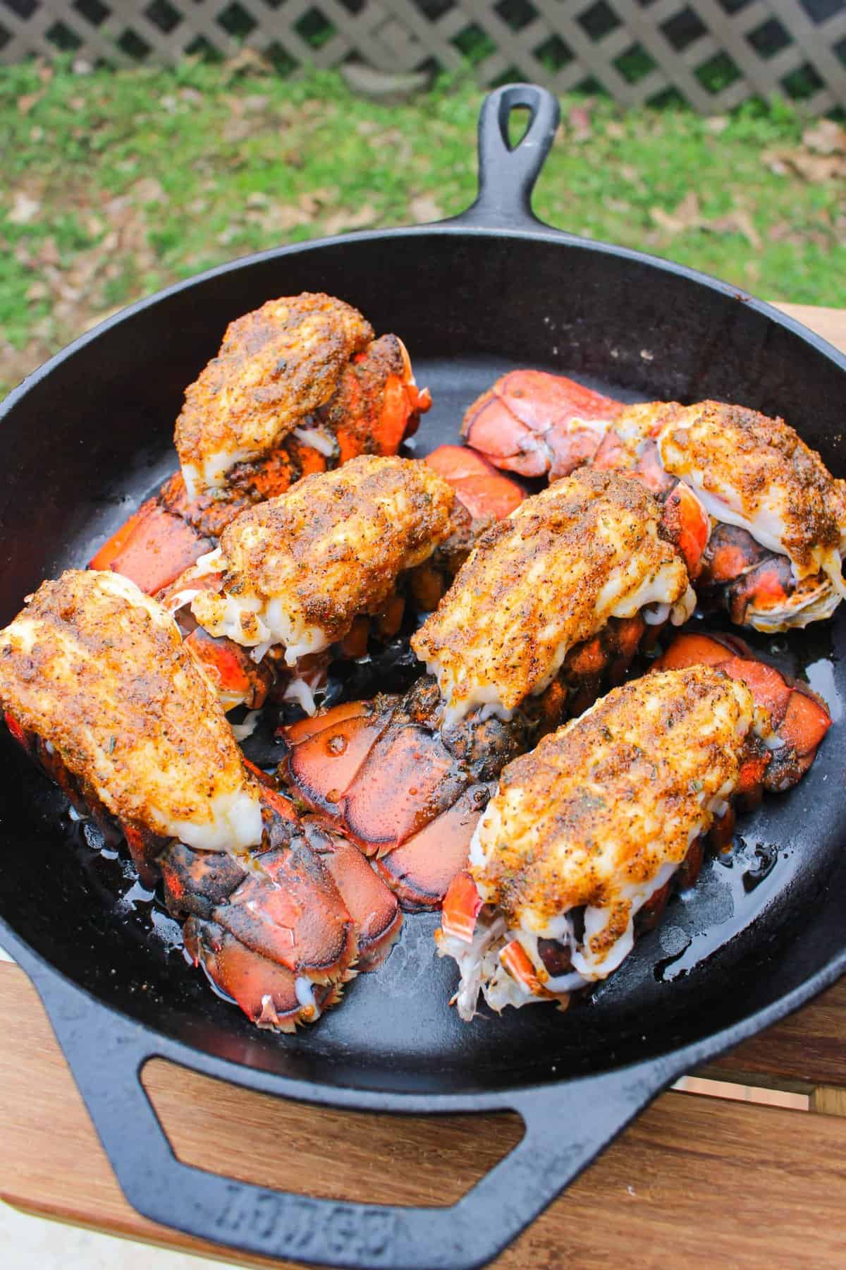 Lobster tails almost cooked and ready to get smothered in bacon stuffing. 