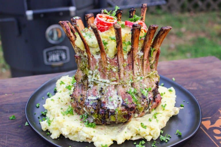 Garlic Herb Lamb Crown, a close up shot of the finished dish.