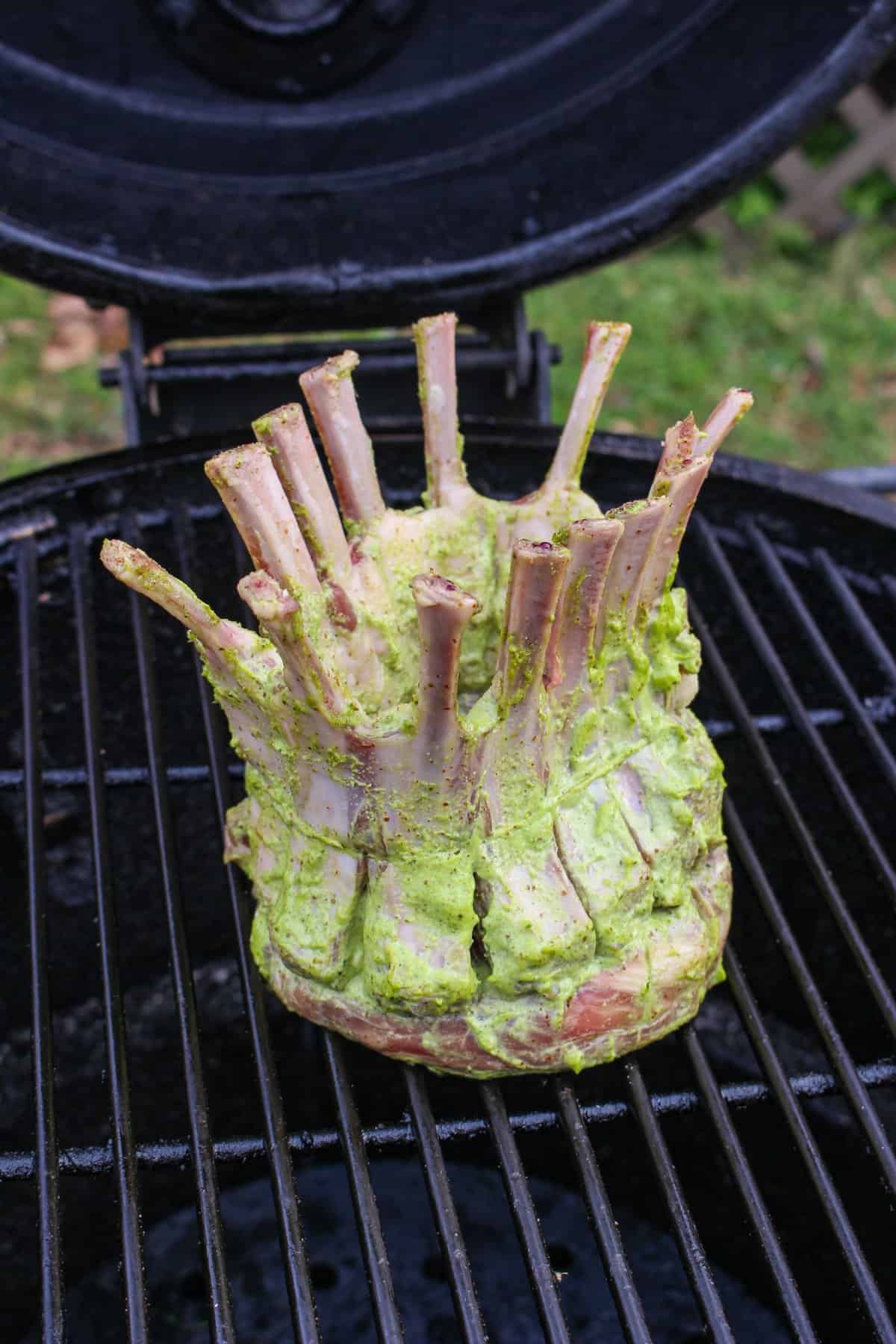 Garlic Herb Lamb Crown getting started on the smoker. 