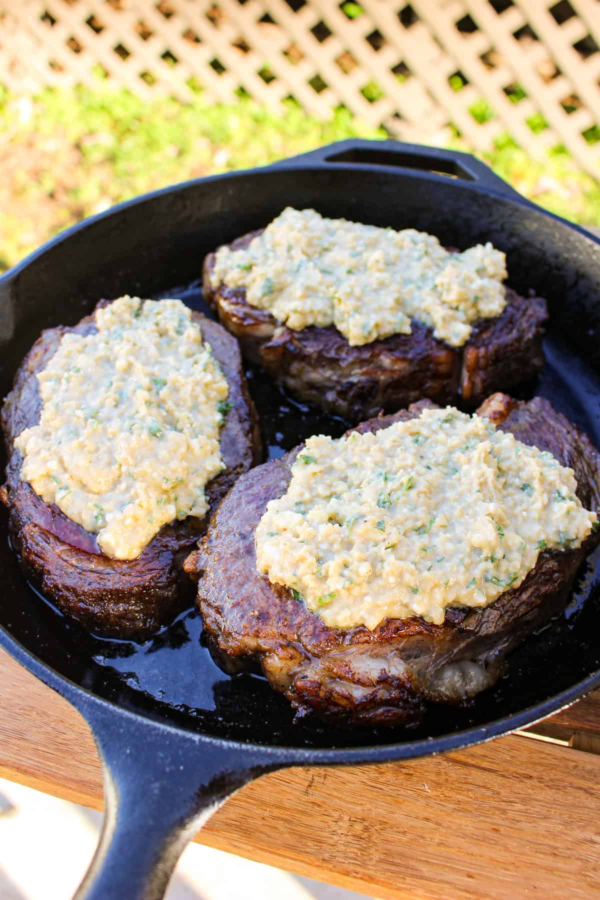 Blue Cheese Crusted Steaks getting ready for the final sear on the crust. 