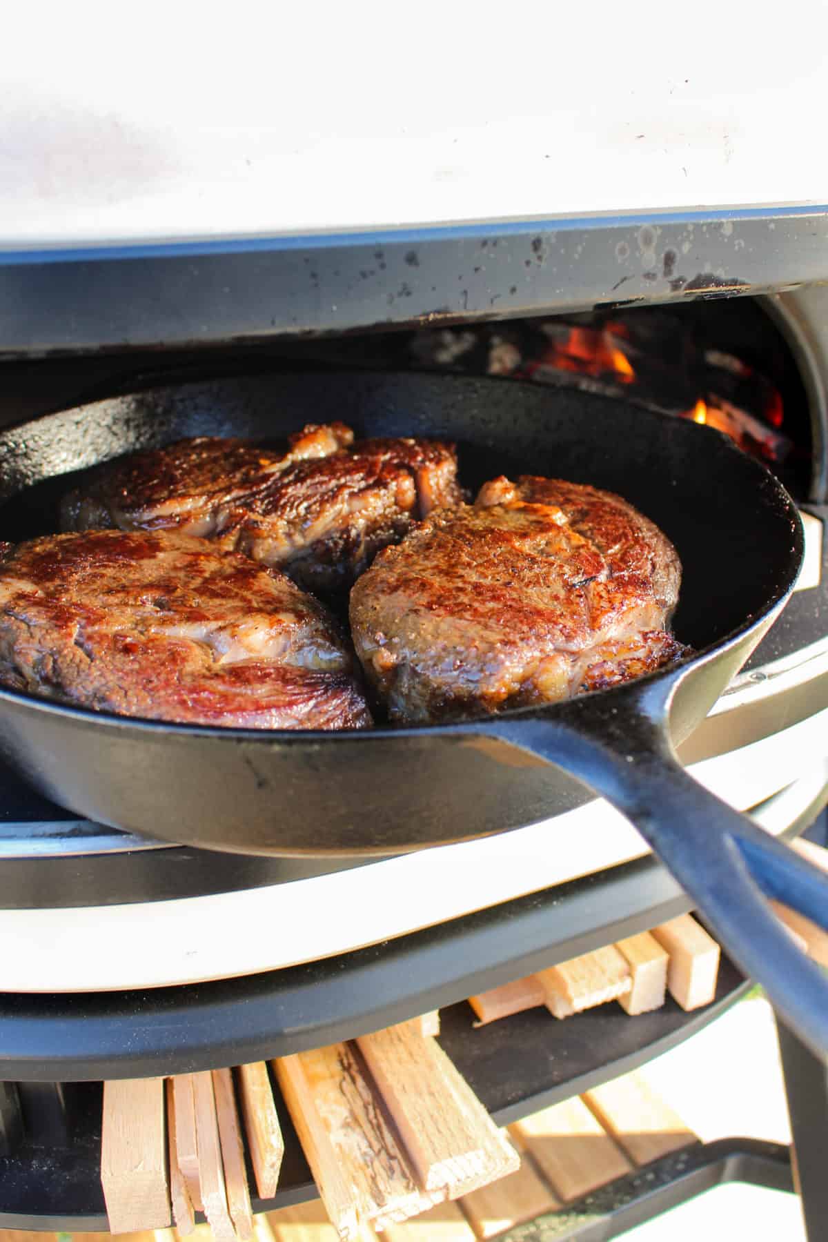 Steaks as they are being reverse seared.