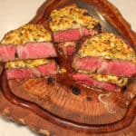 Blue Cheese Crusted Steaks sliced and ready to serve.