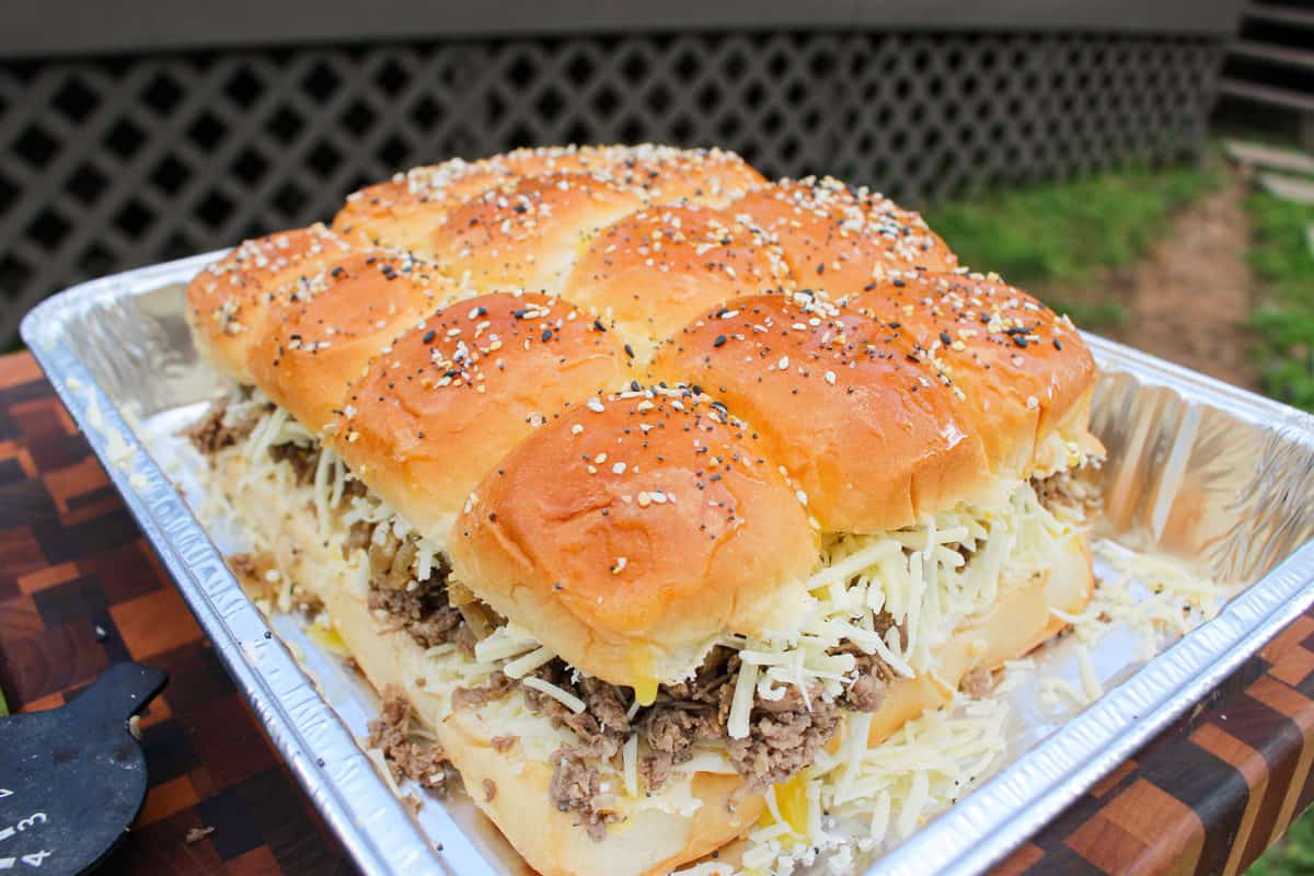 Smoked Cheesesteak Sliders before the final smoking. 