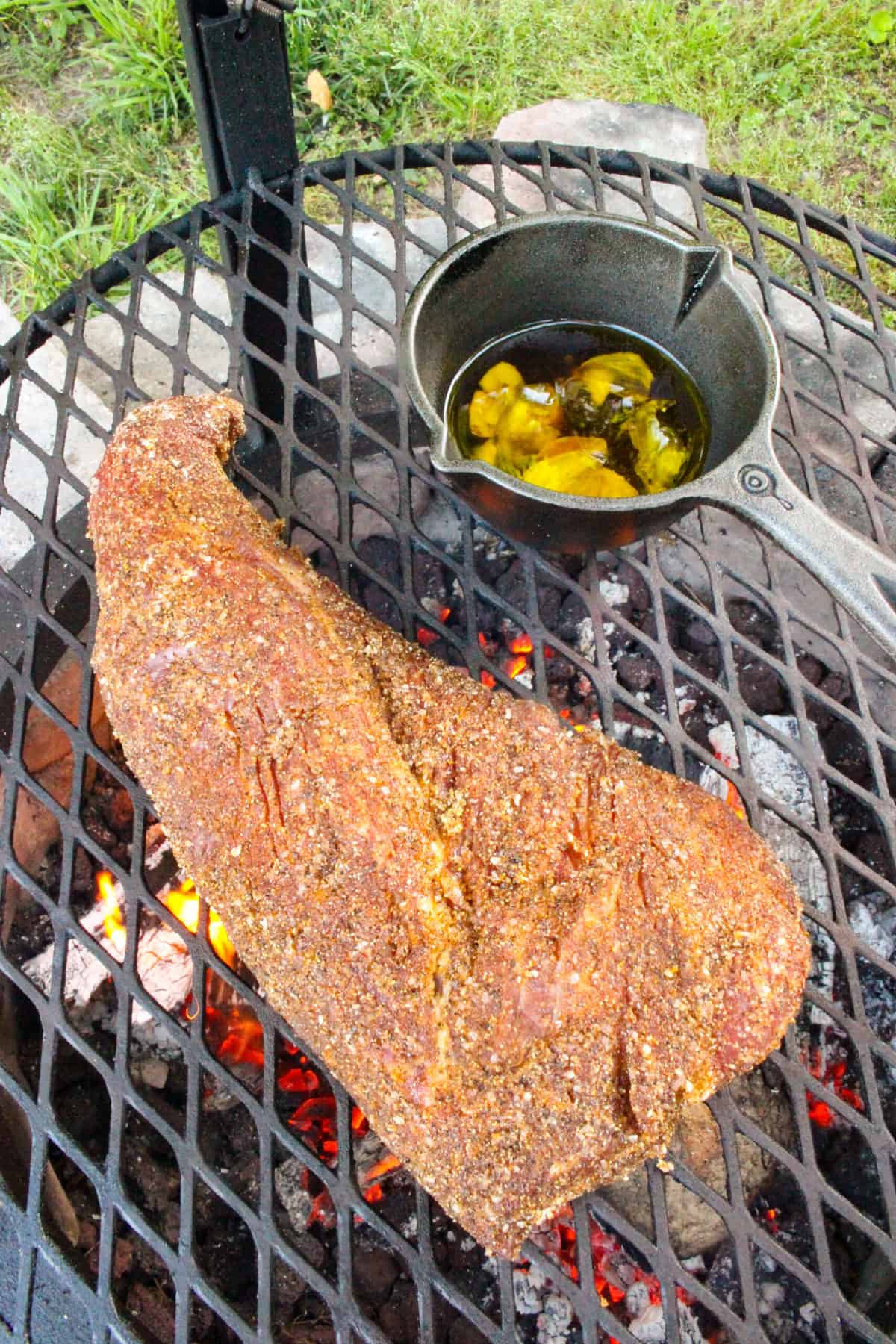 overhead of a seasoned tri-tip on a grill grate