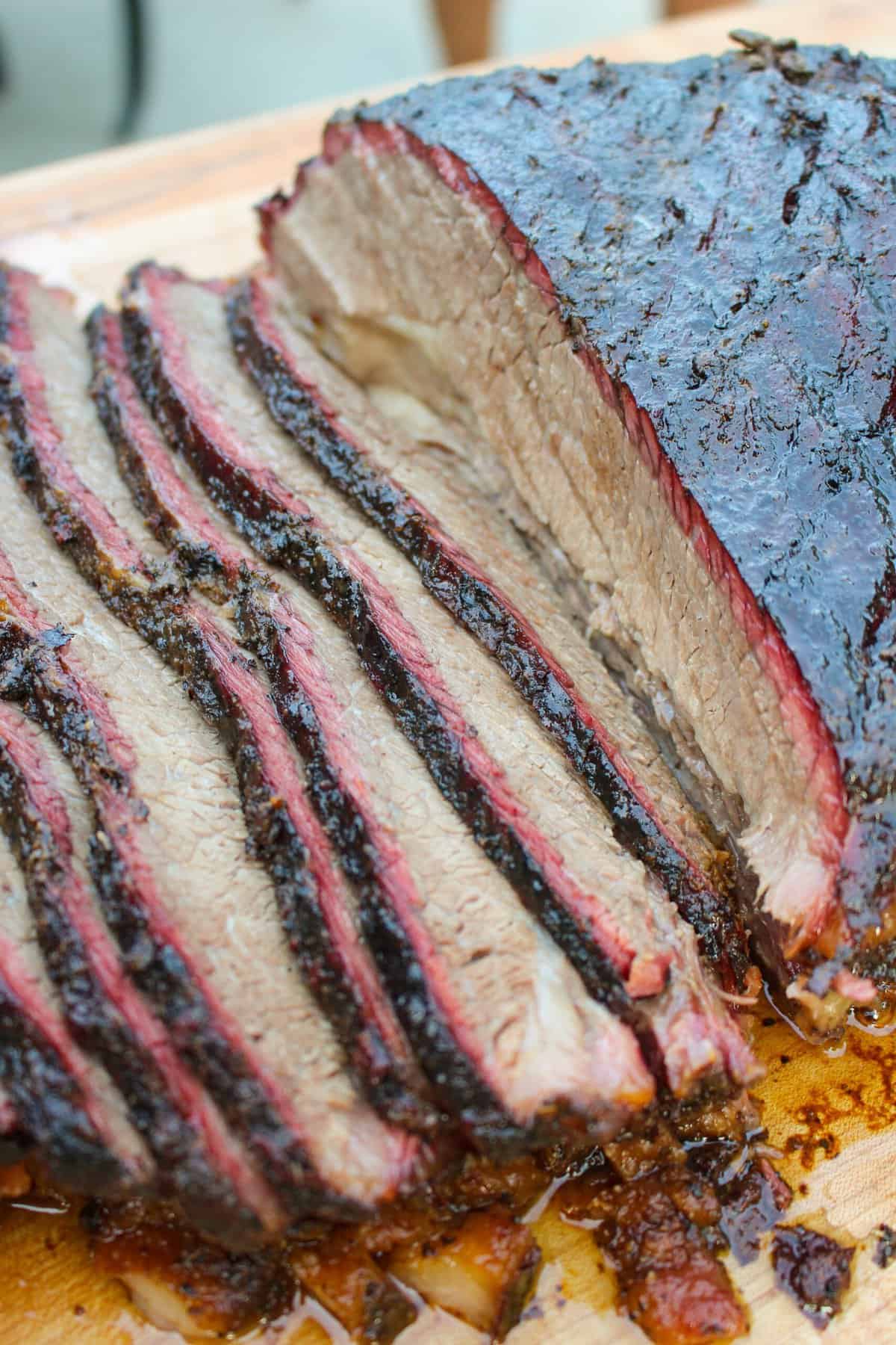 A close up shot of the sliced Texas Smoked Brisket.