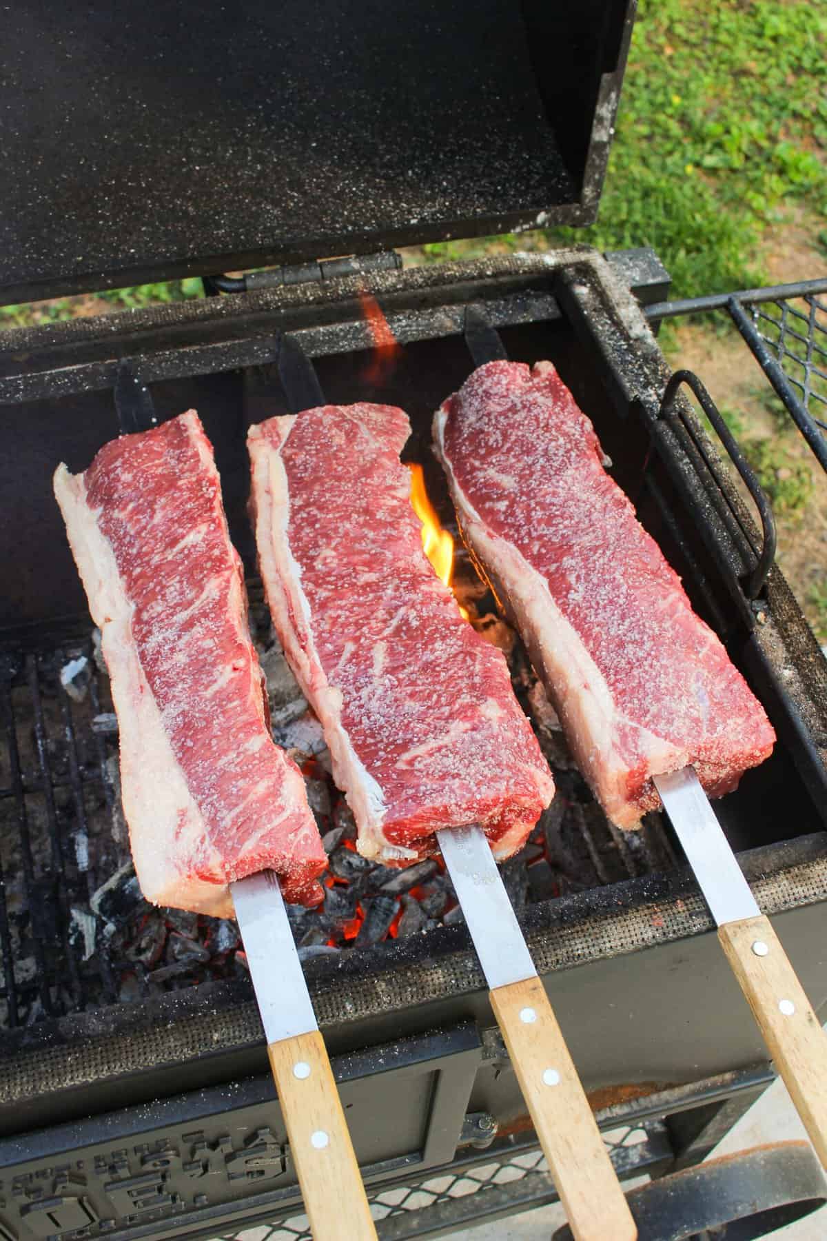 three uncooked skewers on the grill