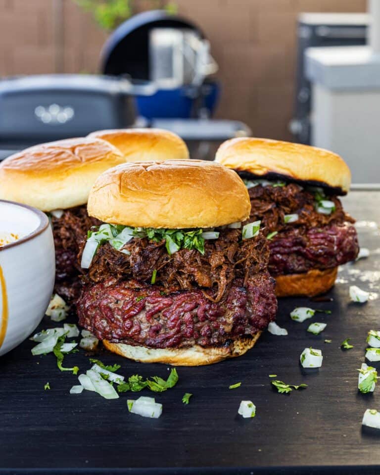 Smoked Birria Burgers assembled and ready to devour.