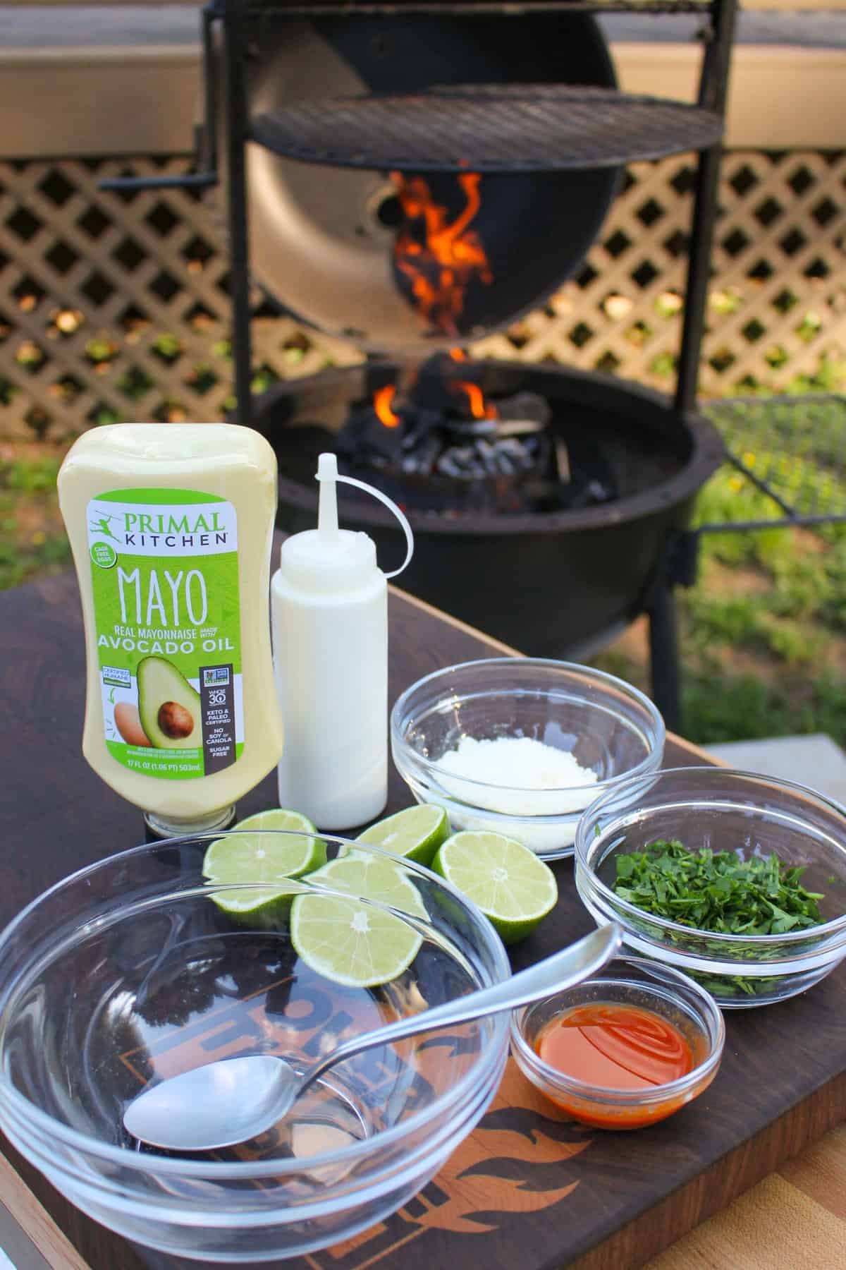 elote sauce ingredients on a cutting board