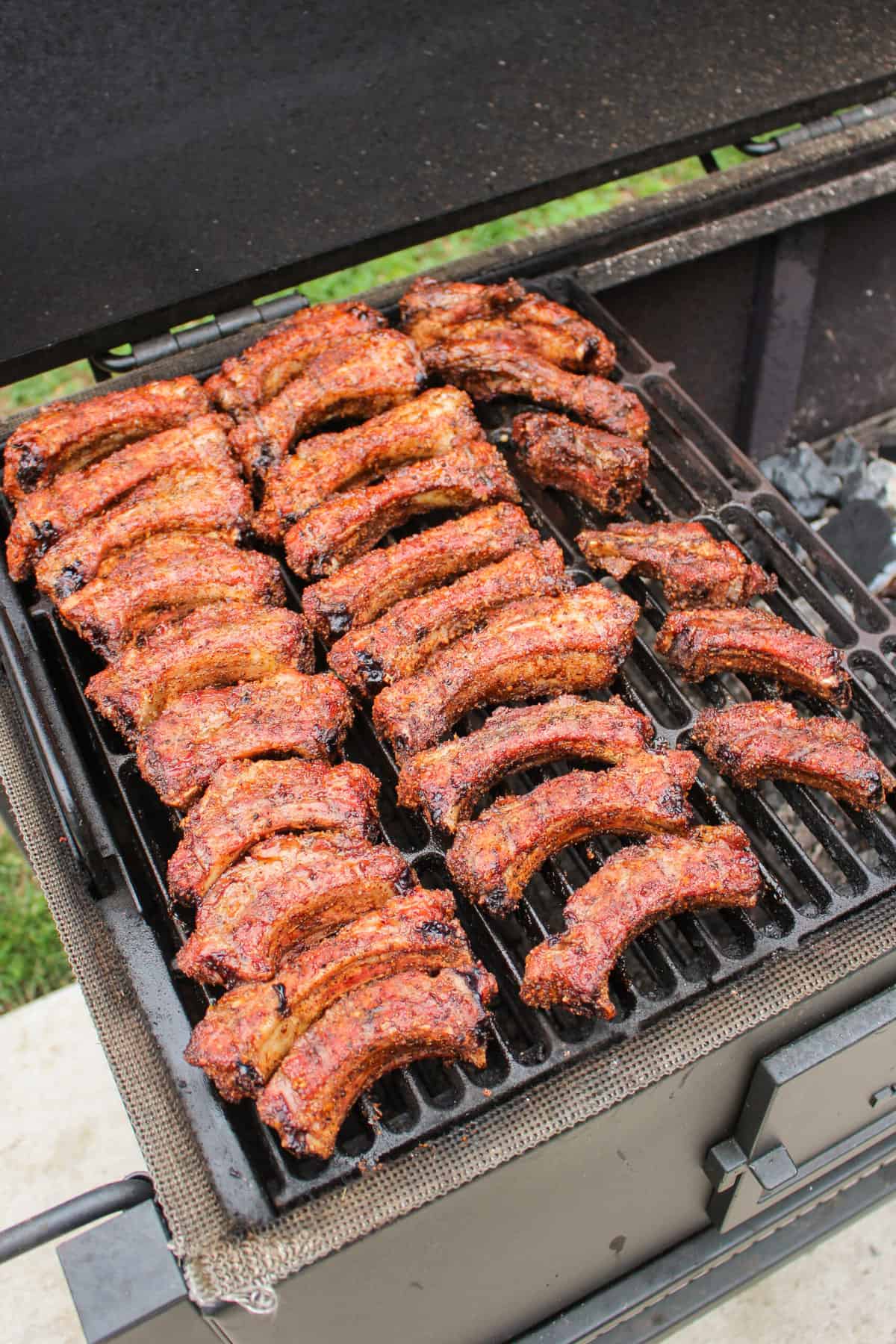 smoked ribs on a smoker from above