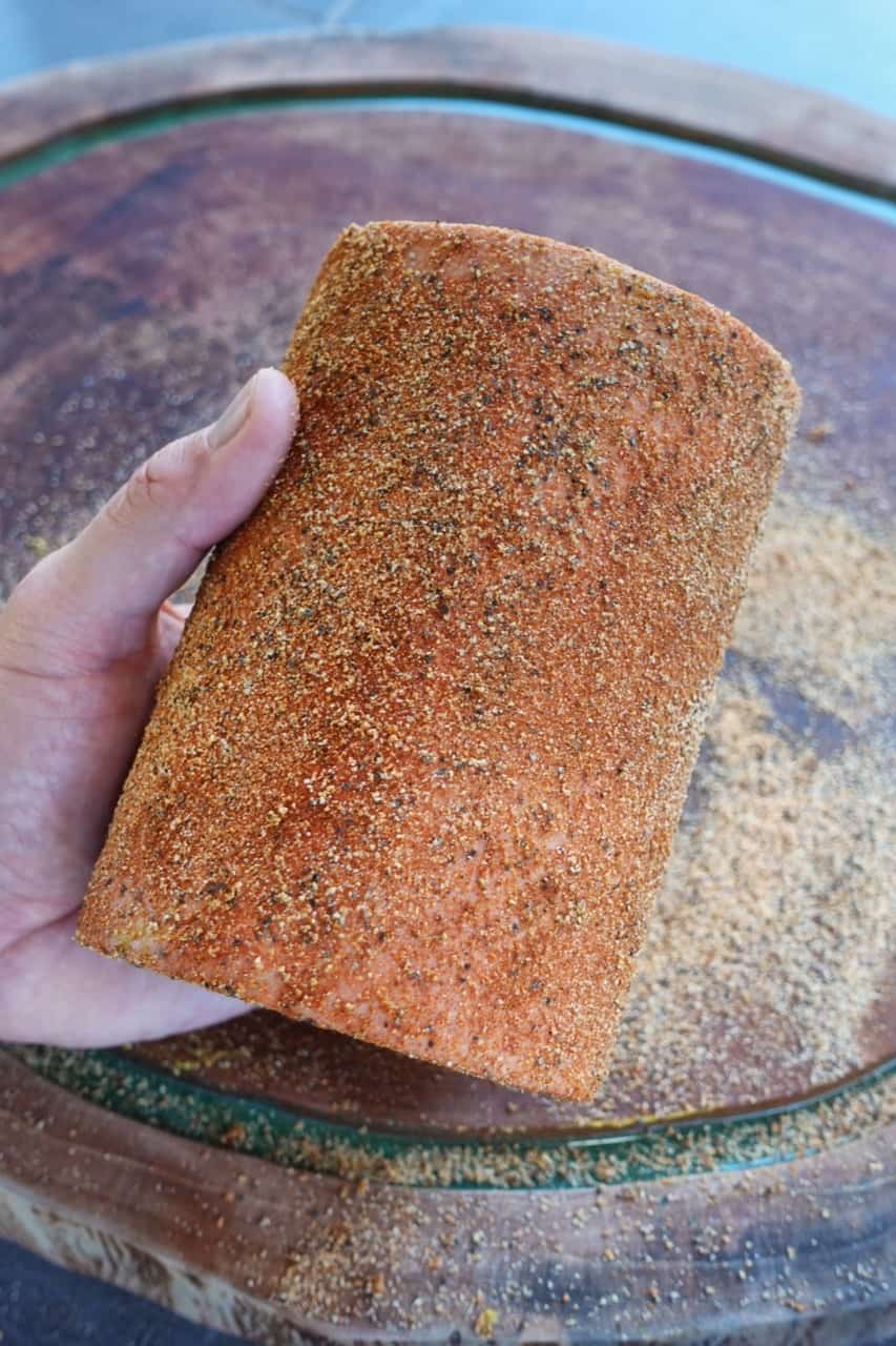 Seasoned bologna ready to be smoked.