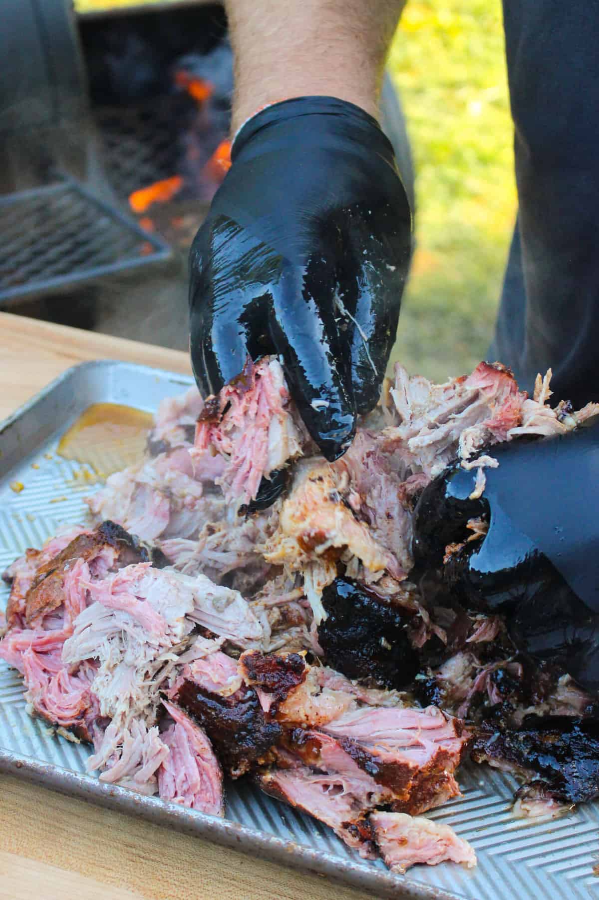 closeup of a man shredding pork up on a baking sheet